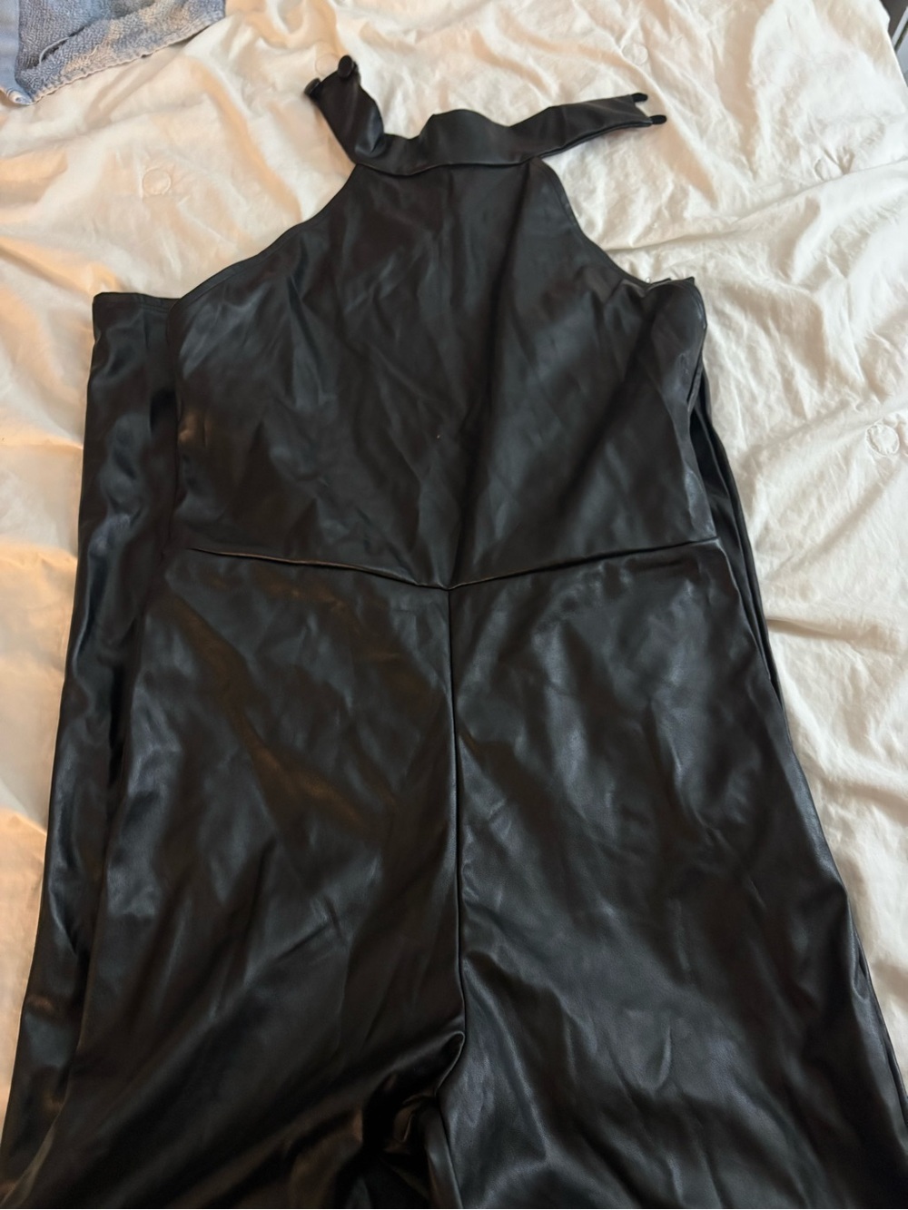 PrettyLittleThing Black Faux Leather Halter Jumpsuit